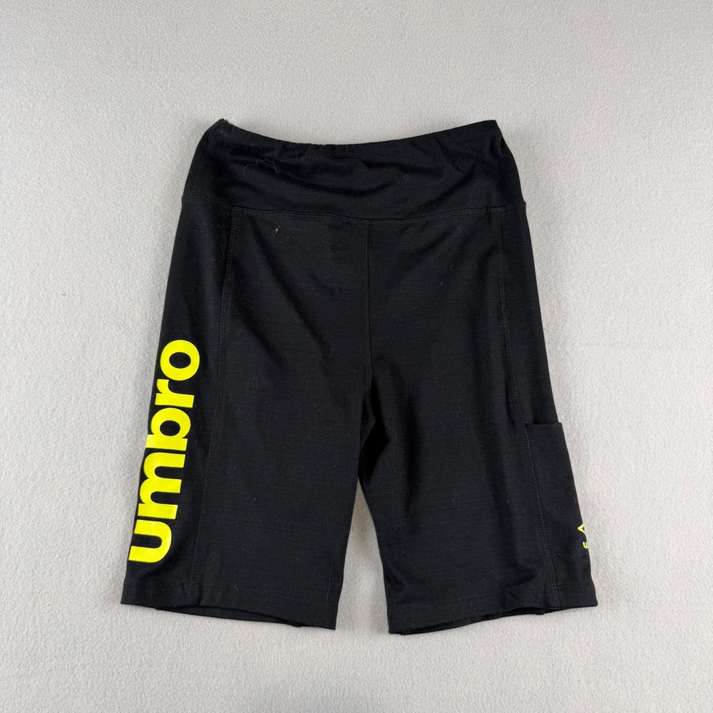 Umbro Womens Black Neon Yellow Logo Biker Shorts High Athletic Size Small